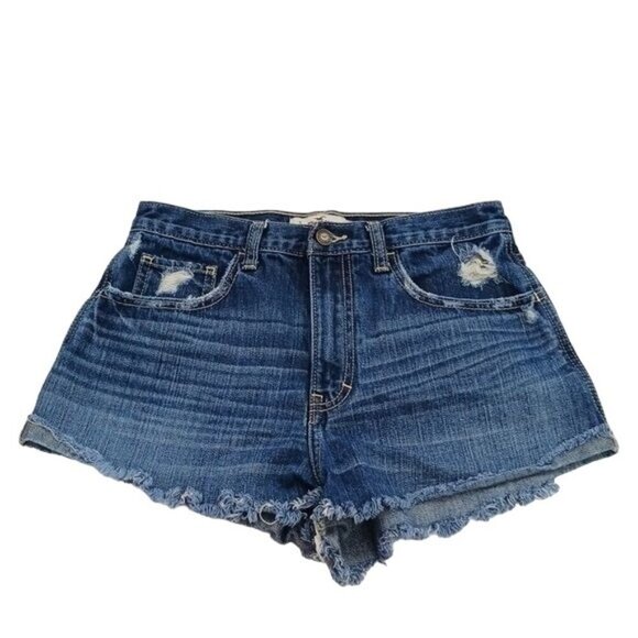 Hollister Denim Shorts Womens Size 5 Blue Distressed Frayed Hem High Rise Casual - Picture 1 of 6
